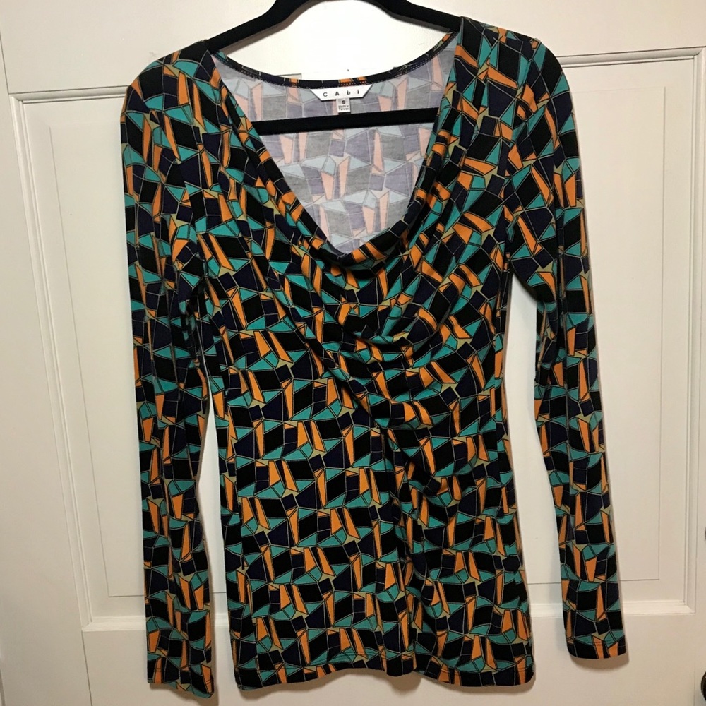 CAbi Geometric Print Cowl Neck Long Sleeve Top Small Retro Mod